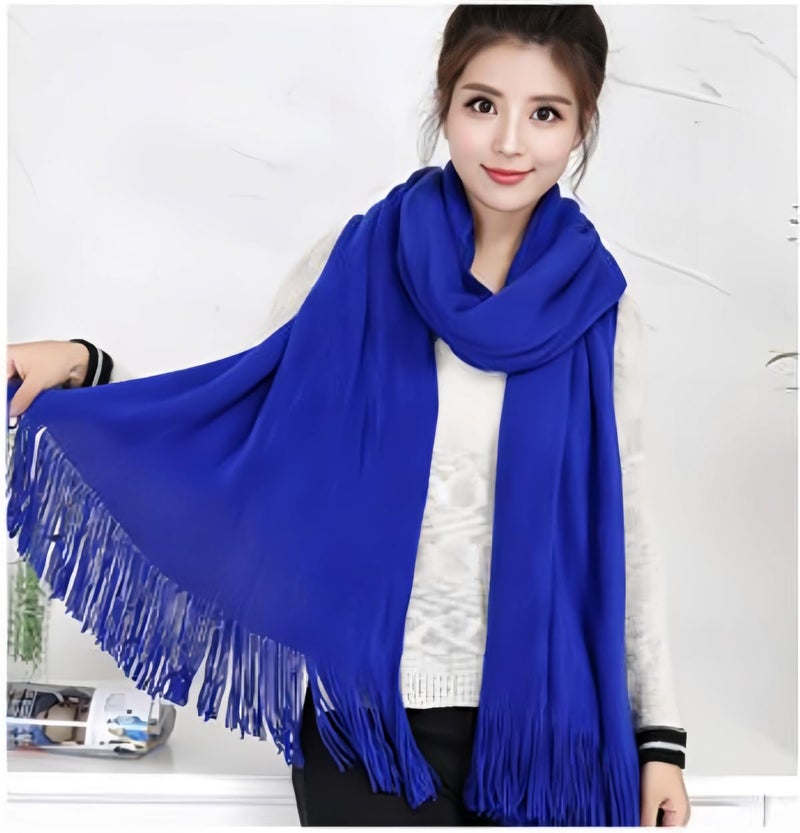 Wander Agio Women's Warm Long Scarves Winter Scarfs Pure Color Scarf Tassel Blue - Image 2